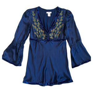 sundance blue flowy silk boho blouse with velvet trim size xs